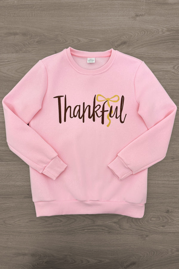 Mom & Me - "Thankful" Pink Pullover & Pant Set - MOM-XS - Light pink pullover with "Thankful" text and a yellow bow graphic on the front, ribbed cuffs and hem.