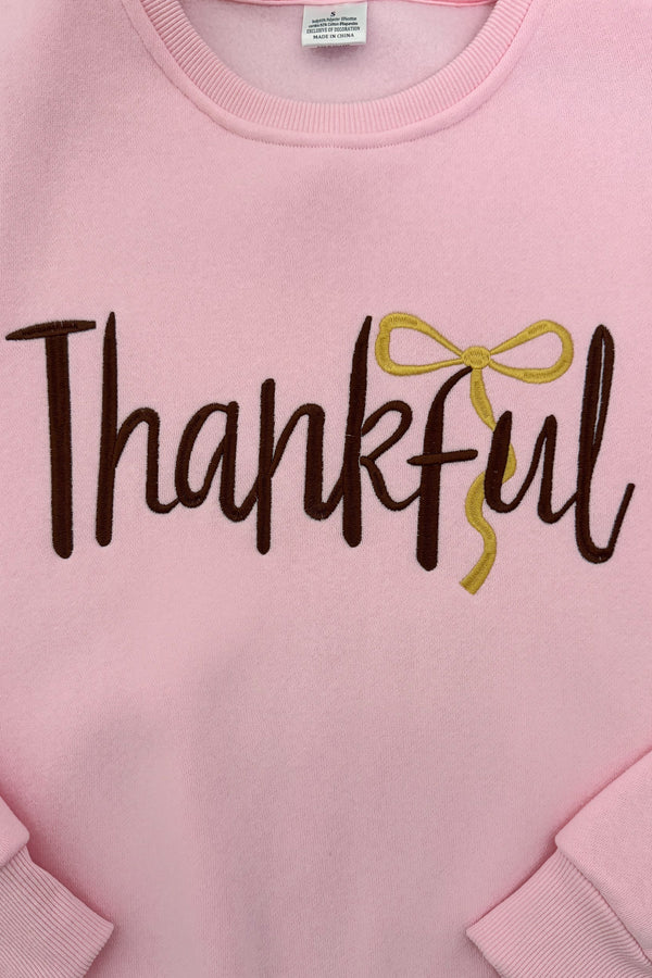 Mom & Me - "Thankful" Pink Pullover & Pant Set - CHILD-6-12 Months - Soft pink pullover with "Thankful" text and gold-bow detail on the front, ribbed cuffs.