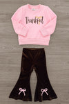 Mom & Me - "Thankful" Pink Pullover & Pant Set - CHILD-6-12 Months - Pink pullover with "Thankful" text in brown paired with brown velvet flare pants featuring pink bow accents.