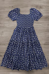 Mom & Me - Navy Floral Dress - MOM-XS - Navy floral dress with puff sleeves, square neckline, and a gathered tiered skirt.