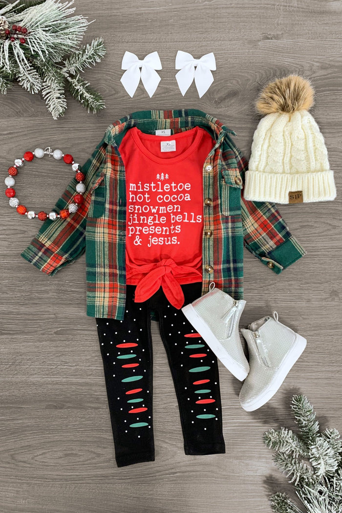 "Mistletoe, Hot Cocoa..." Legging Set - 3XS-6-12 Months - Toddler Christmas outfit with red holiday top reading festive text, green plaid button shirt, black leggings with candy cane .