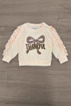 "Thankful" Cheetah Bow Pant Set - 6-12 Months - Cream long-sleeve toddler top with ruched sleeves and cheetah print bow, "THANKFUL" text front.