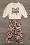 "Thankful" Cheetah Bow Pant Set - 6-12 Months - Cream long-sleeve top with ruffled sleeves and "Thankful" cheetah print bow graphic paired with cheetah print wide-leg pants.