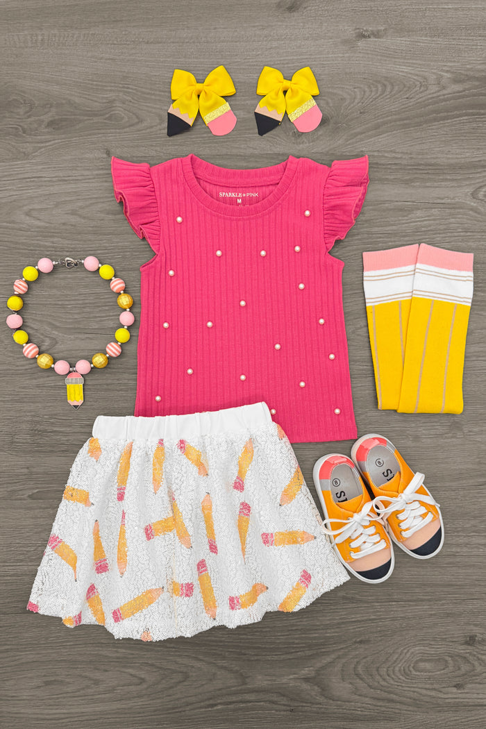 Pink Sequin Pencil Skirt Set - 2T - Pink short-sleeve top with ruffled sleeves and pearl details, white skirt with pink and yellow popsicle print.