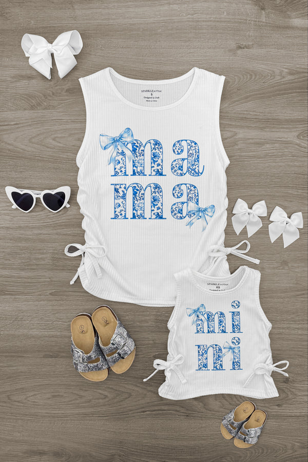 Mom & Me - "Mama & Mini" Blue Bow Tank Top | Sparkle in Pink