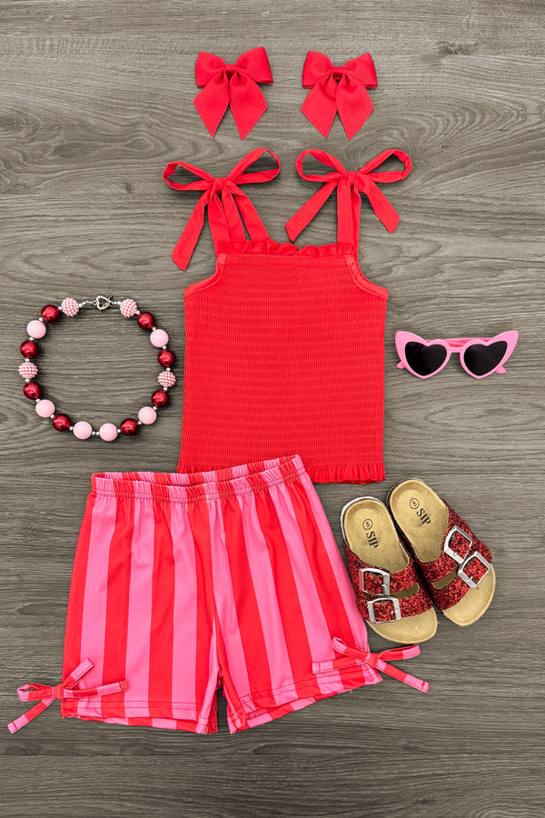 Red & Pink Striped Tie Short Set | Sparkle in Pink