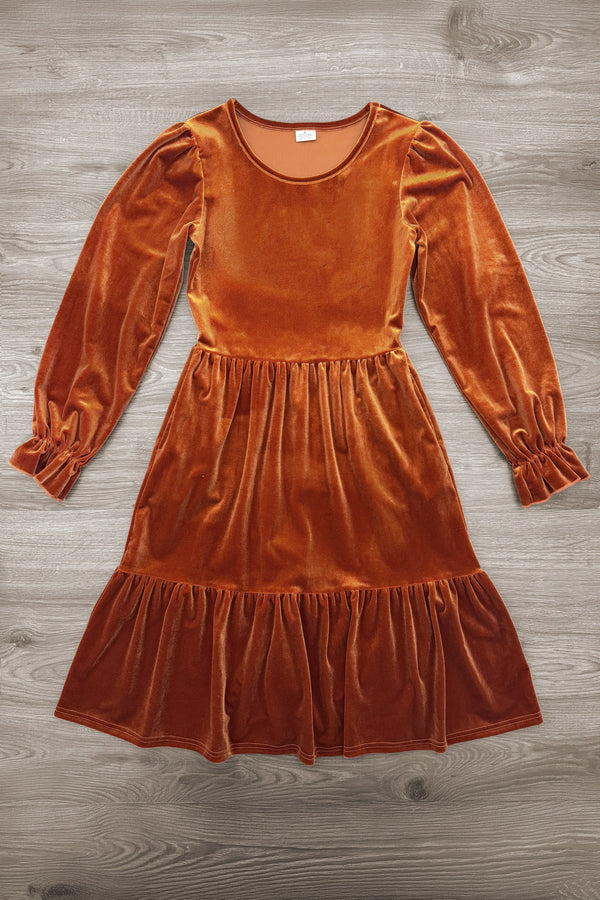 Family Rust Velvet Dress & Flannel Button Down Top