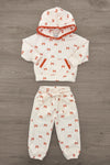Mom & Me - Waffle Knit Bow Lounge Set - CHILD-6-12 Months - Cream waffle-knit lounge set with orange bow print, featuring a short-sleeve top, drawstring pants, and matching hooded cap.