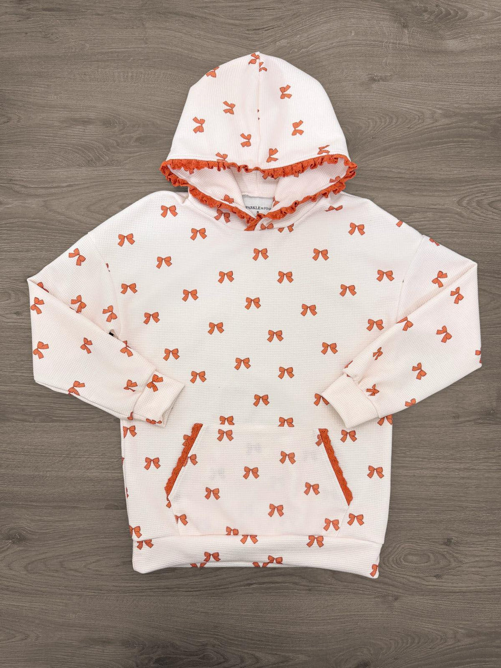 Mom & Me - Waffle Knit Bow Lounge Set - MOM-XS - Cream waffle-knit hooded lounge set with orange bow print, front pocket, and matching pants.