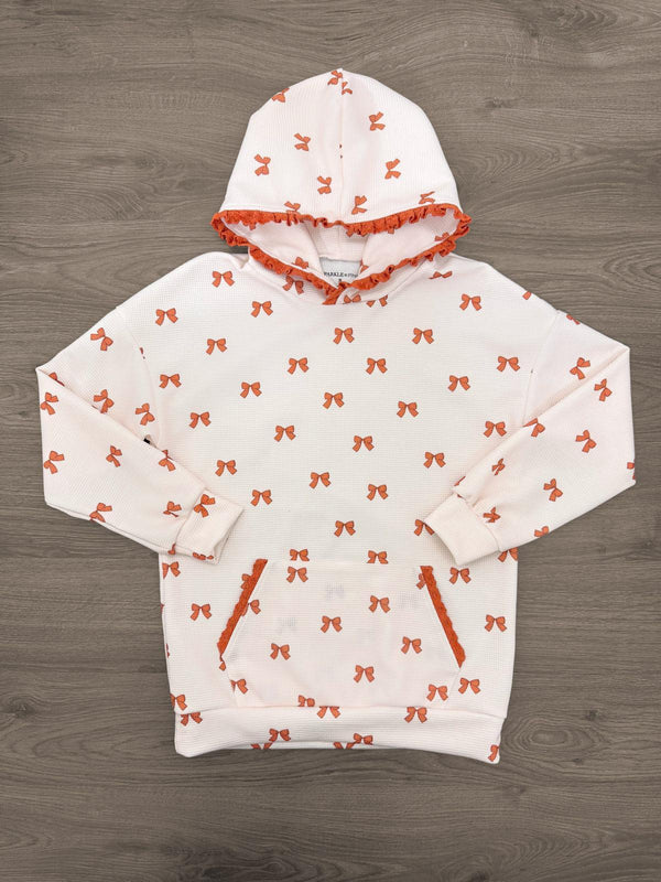 Mom & Me - Waffle Knit Bow Lounge Set - MOM-XS - Cream waffle-knit hooded lounge set with orange bow print, front pocket, and matching pants.