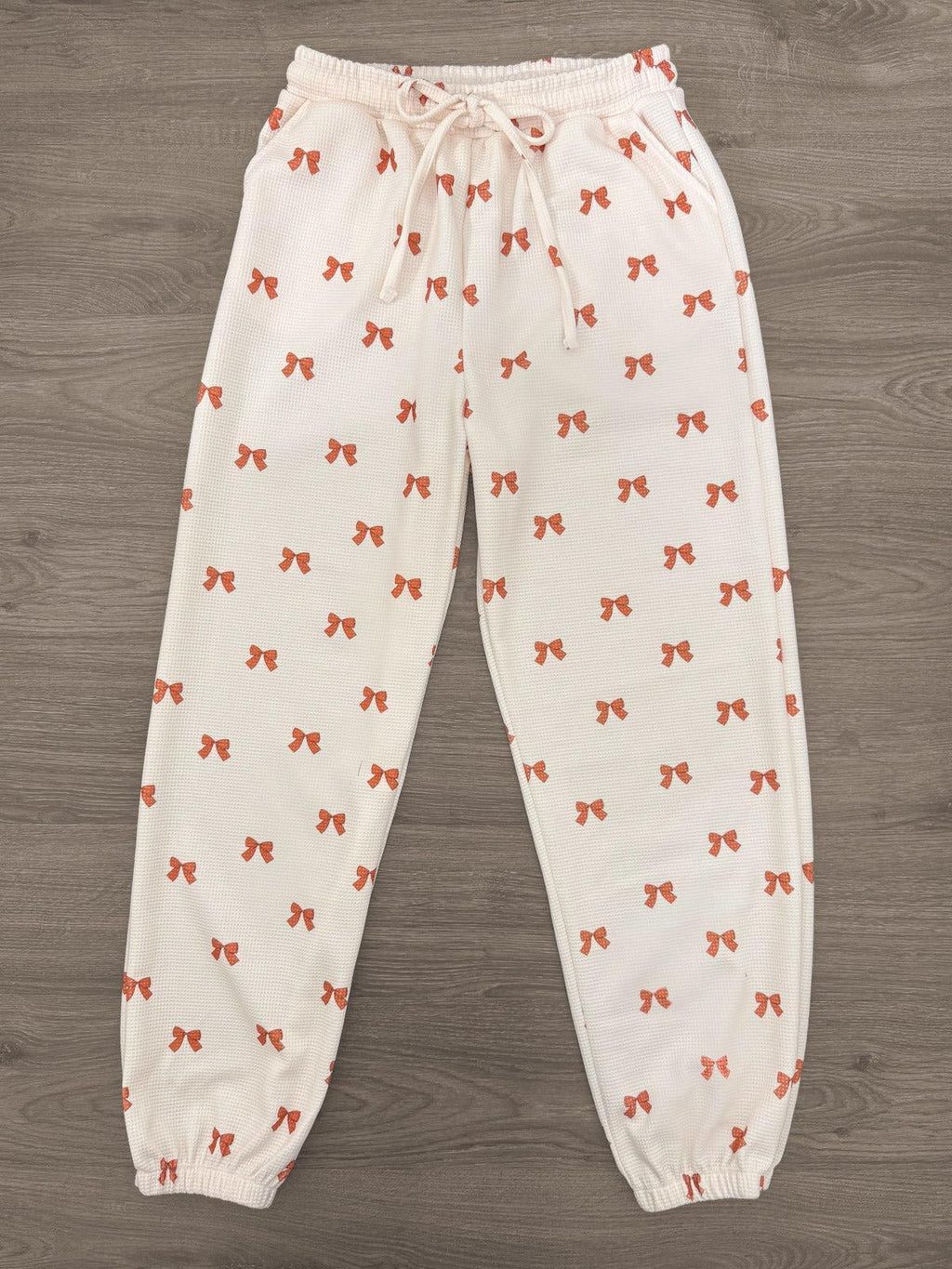 Mom & Me - Waffle Knit Bow Lounge Set - CHILD-6-12 Months - Cream waffle-knit lounge pants with an allover orange bow print, elastic waistband, and gathered cuffs.