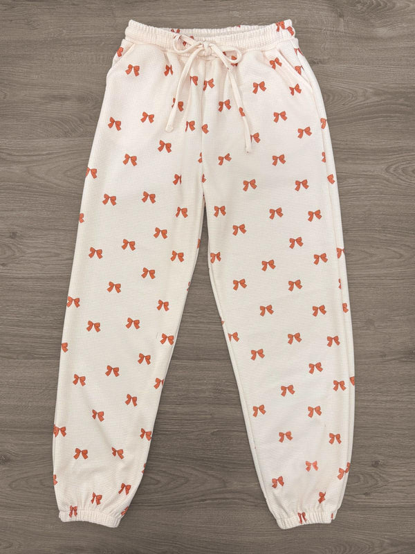 Mom & Me - Waffle Knit Bow Lounge Set - CHILD-6-12 Months - Cream waffle-knit lounge pants with an allover orange bow print, elastic waistband, and gathered cuffs.