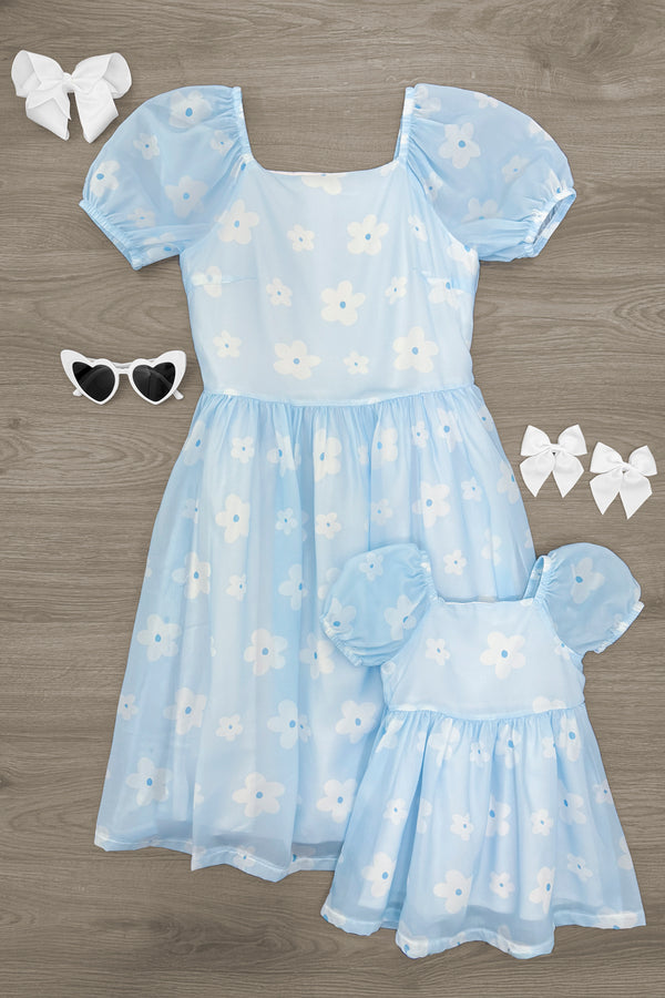 Mom & Me - Flower Print Dress Light Blue / CHILD-XS-2T Mom & Me - Flower Print Dress Light Blue / CHILD-XS-2T