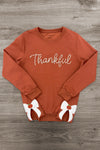 Mom & Me - "Thankful" Bow Pullover - MOM-XS - Brown pullover sweatshirt with "Thankful" script and white bow accents on the front pockets.