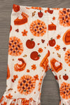 "Yippie Pie Yay!" Bell Bottom Pant Set - 6-12 Months - Cream bell-bottom pants with orange and burgundy pumpkins, pie, and autumn motifs.