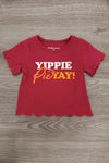 "Yippie Pie Yay!" Bell Bottom Pant Set - 6-12 Months - Burgundy-red short-sleeve top with scalloped edges and yellow “Yippie Pie Yay!” lettering.