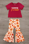 "Yippie Pie Yay!" Bell Bottom Pant Set - 6-12 Months - Red “Yippie Pie Yay!” T-shirt paired with white bell-bottom pants covered in orange pumpkin prints.