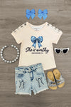 "She Is Worthy" Denim Bow Short Set | Sparkle in Pink