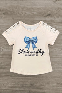 "She Is Worthy" Denim Bow Short Set