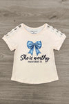 "She Is Worthy" Denim Bow Short Set | Sparkle in Pink