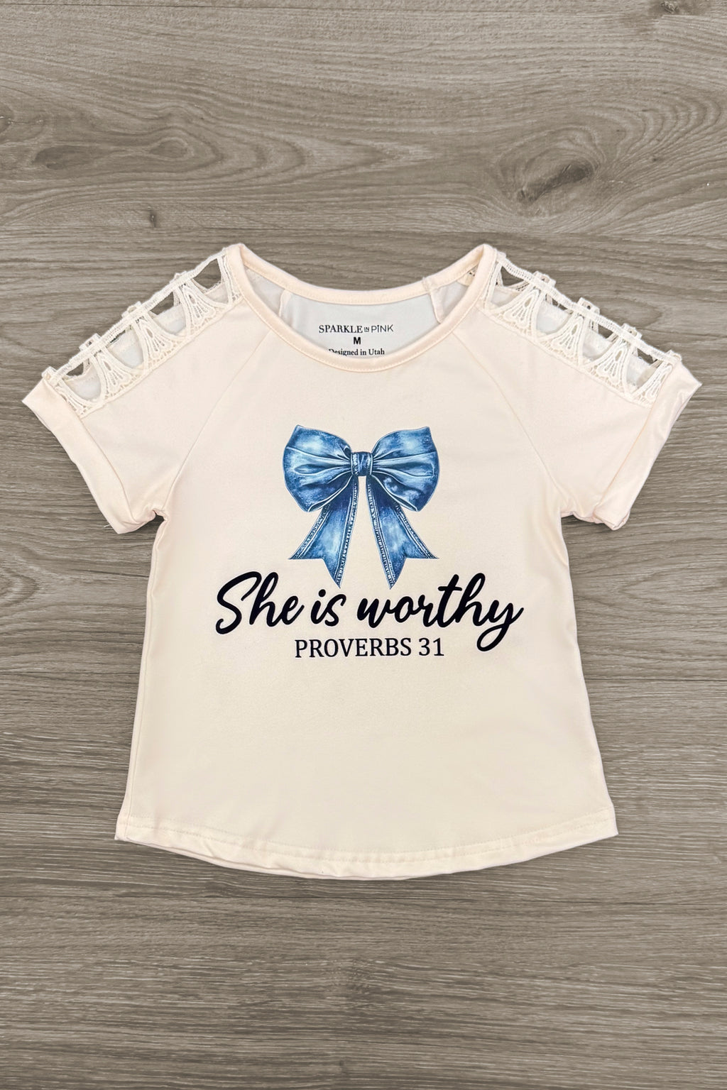 "She Is Worthy" Denim Bow Short Set | Sparkle in Pink