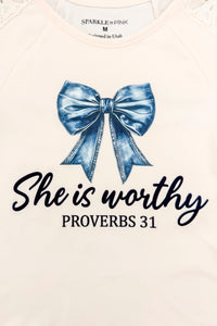 "She Is Worthy" Denim Bow Short Set