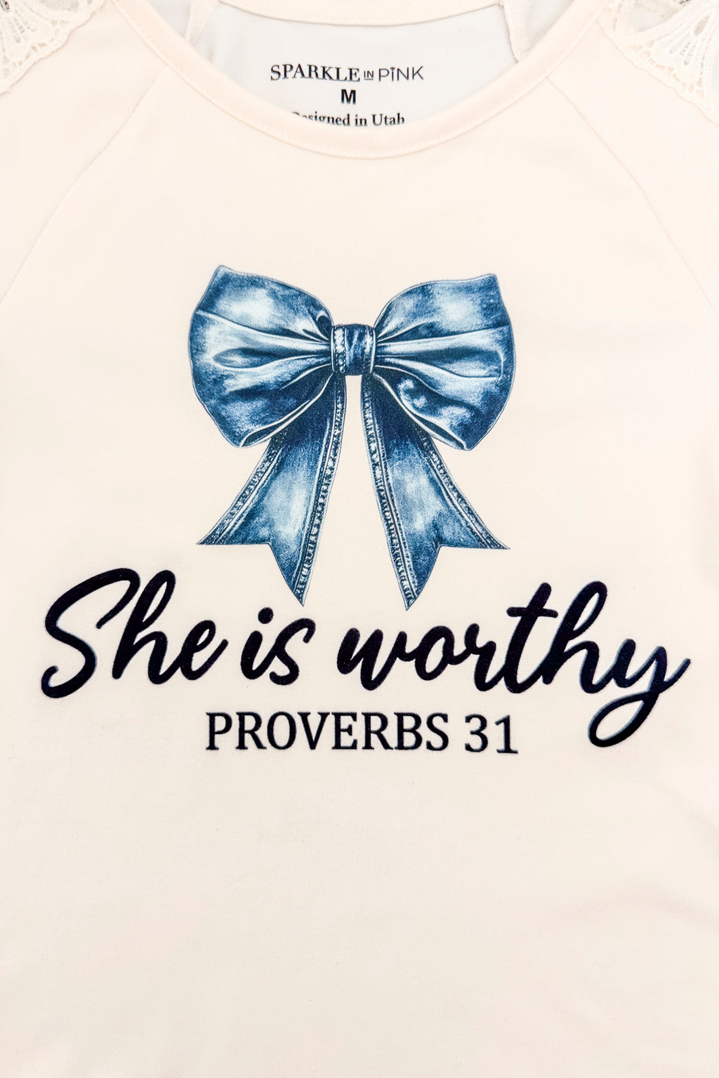 "She Is Worthy" Denim Bow Short Set | Sparkle in Pink