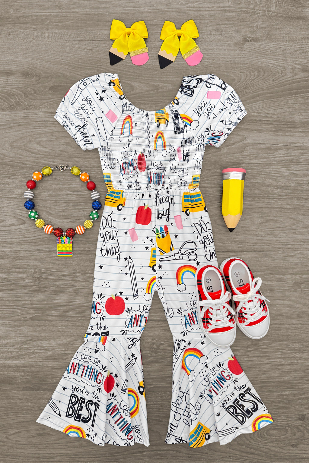 White Doodle Notebook Flare Jumpsuit | Sparkle in Pink
