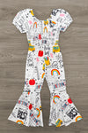 White Doodle Notebook Flare Jumpsuit | Sparkle in Pink