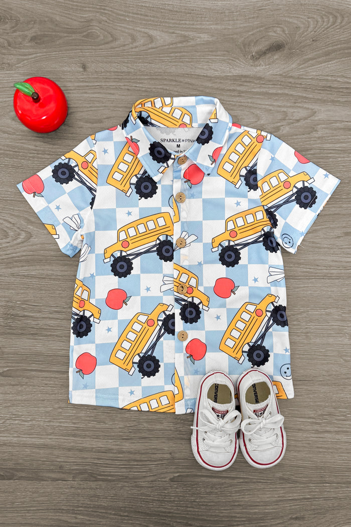 Blue Checkered School Button Down Top - 3T - Short-sleeve button-down shirt with blue and white checkered pattern and yellow school bus print.