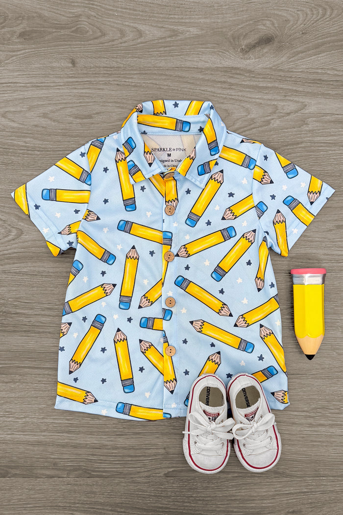 Blue Pencil & Star Button Down Top - 3T - Light blue button-down shirt with all-over yellow pencil and star print, short sleeves.