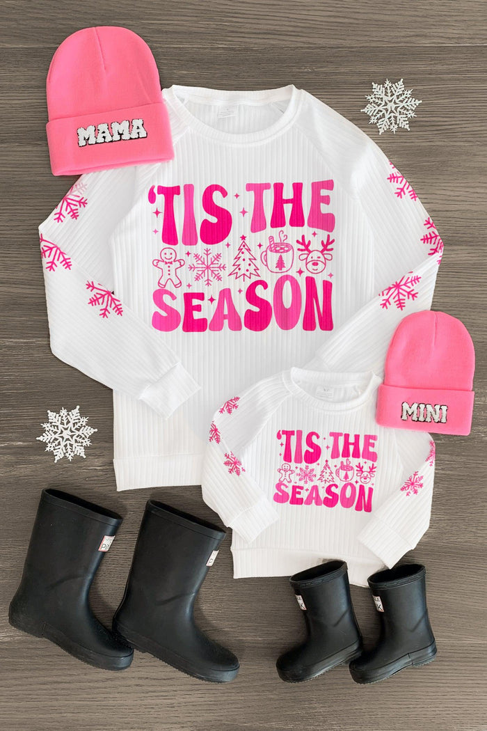 Mom & Me - "'Tis The Season" White Long Sleeve Top - CHILD-3XS-6-12 Months - Mom and child matching white long sleeve tops with bright pink 'Tis The Season' text and snowflake accents, paired with.