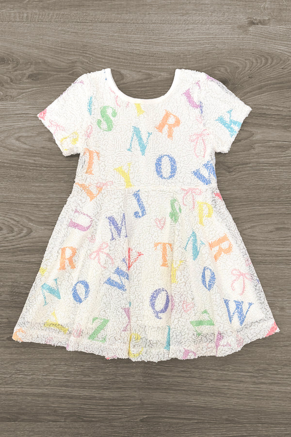 White Sequin Alphabet Bow Dress | Sparkle in Pink