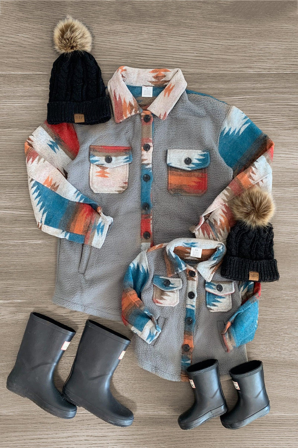 Mom & Me - Gray Southwestern Sherpa Shacket - Sparkle in Pink