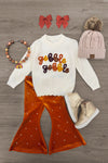 "Gobble Gobble" Pearl Flare Pant Set - 6-12 Months - Cream long-sleeve top with colorful “Gobble Gobble” lettering paired with rust flared pants and a pearl-studded finish.