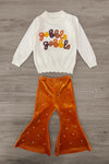 "Gobble Gobble" Pearl Flare Pant Set - 6-12 Months - Cream long-sleeve sweatshirt with colorful “Gobble Gobble” lettering paired with rust-orange pearl-studded flare pants.