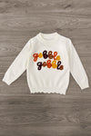 "Gobble Gobble" Pearl Flare Pant Set - 6-12 Months - Cream long-sleeve sweatshirt with colorful “Gobble Gobble” lettering and a scalloped hem.