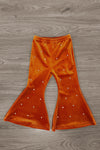 "Gobble Gobble" Pearl Flare Pant Set - 6-12 Months - Rust-orange velvet flare pants with scattered pearl embellishments and an elastic waistband.