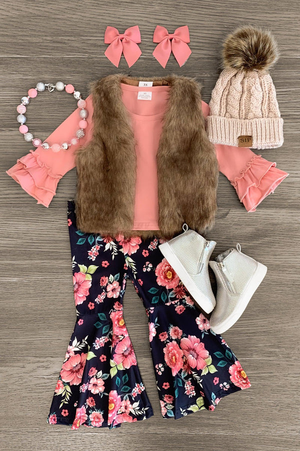 Pink Floral Fur Vest Bell Bottom Set - 3 Piece - Sparkle in Pink