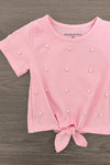 Pink & Black Bow Legging Set - 6-12 Months - Pink short-sleeve crop top with pearl-like studs and a knotted front hem.