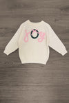 "Joy" Denim Flare Pant Set - 6-12 Months - Cream long-sleeve sweatshirt with pink “Joy” lettering and a teal-and-pink decorative bow design.