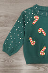 Mom & Me - Candy Cane Sweater & Denim Pant Set - CHILD-6-12 Months - Green knit sweater with white dotted sleeves and red-and-white candy cane appliqués.