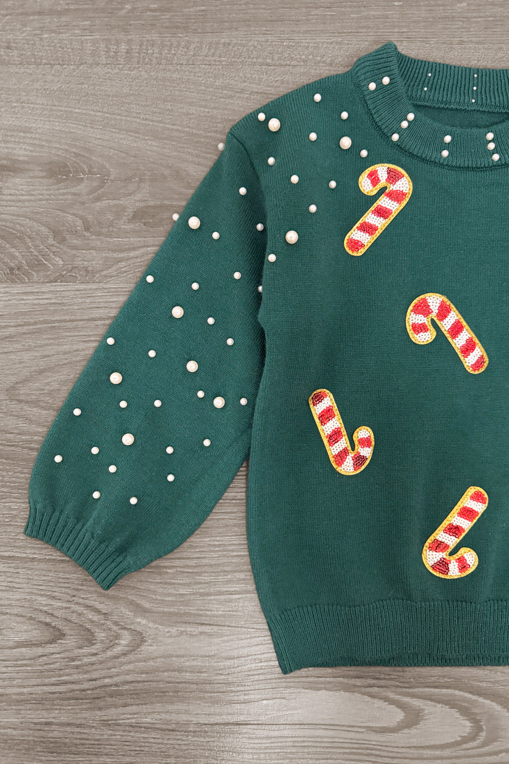 Mom & Me - Candy Cane Sweater & Denim Pant Set - CHILD-6-12 Months - Green knit sweater with white dotted sleeves and red-and-white candy cane appliqués.