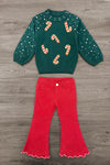 Mom & Me - Candy Cane Sweater & Denim Pant Set - CHILD-6-12 Months - Green knit sweater with white dots and candy cane motifs paired with red flared denim pants with scalloped hems.