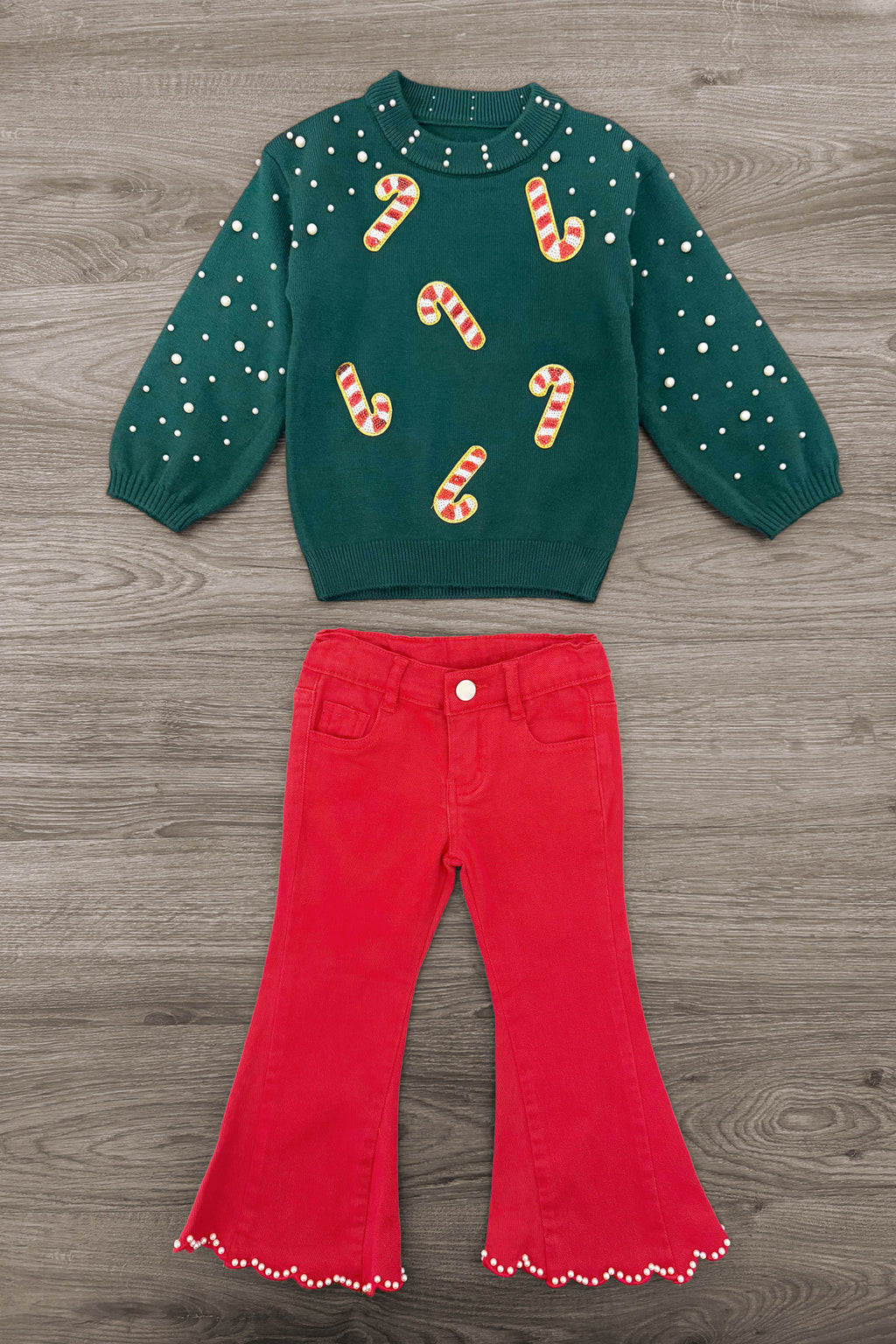 Mom & Me - Candy Cane Sweater & Denim Pant Set - CHILD-6-12 Months - Green knit sweater with white dots and candy cane motifs paired with red flared denim pants with scalloped hems.