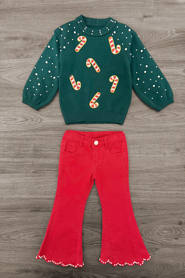 Mom & Me - Candy Cane Sweater & Denim Pant Set - CHILD-6-12 Months - Green knit sweater with white dots and candy cane motifs paired with red flared denim pants with scalloped hems.