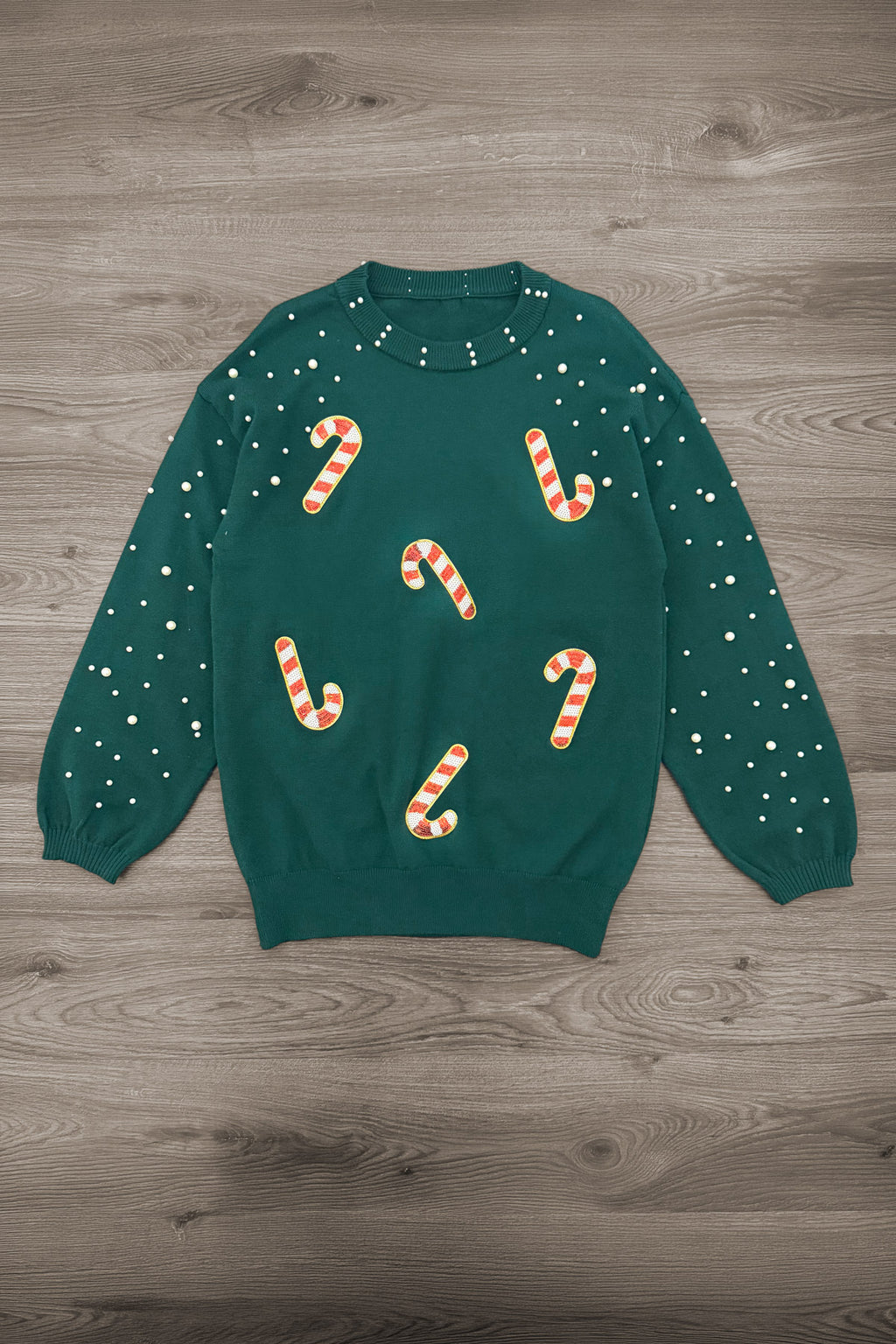 Mom & Me - Candy Cane Sweater & Denim Pant Set - MOM-XS - Green knit sweater with scattered red-and-white candy cane prints and subtle white speckles.