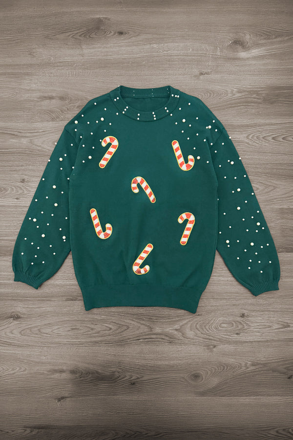 Mom & Me - Candy Cane Sweater & Denim Pant Set - MOM-XS - Green knit sweater with scattered red-and-white candy cane prints and subtle white speckles.