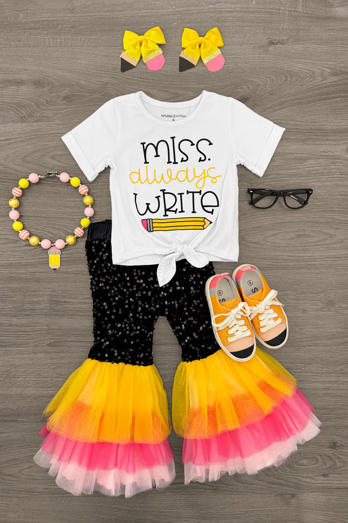 "Miss Always Write" Sequin Bell Bottom Set - 2T - White short-sleeve tee with "miss always write" text, black sequin bell bottom pants with pink and yellow tulle ruffles,.