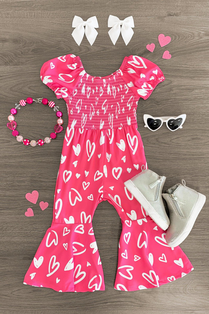 Hot Pink Heart Bell Bottom Jumpsuit - CHILD-3XS-6-12 Months - Hot pink heart print bell bottom jumpsuit with puff sleeves, paired with white boots, white bow clips, pink flower bracelet, .